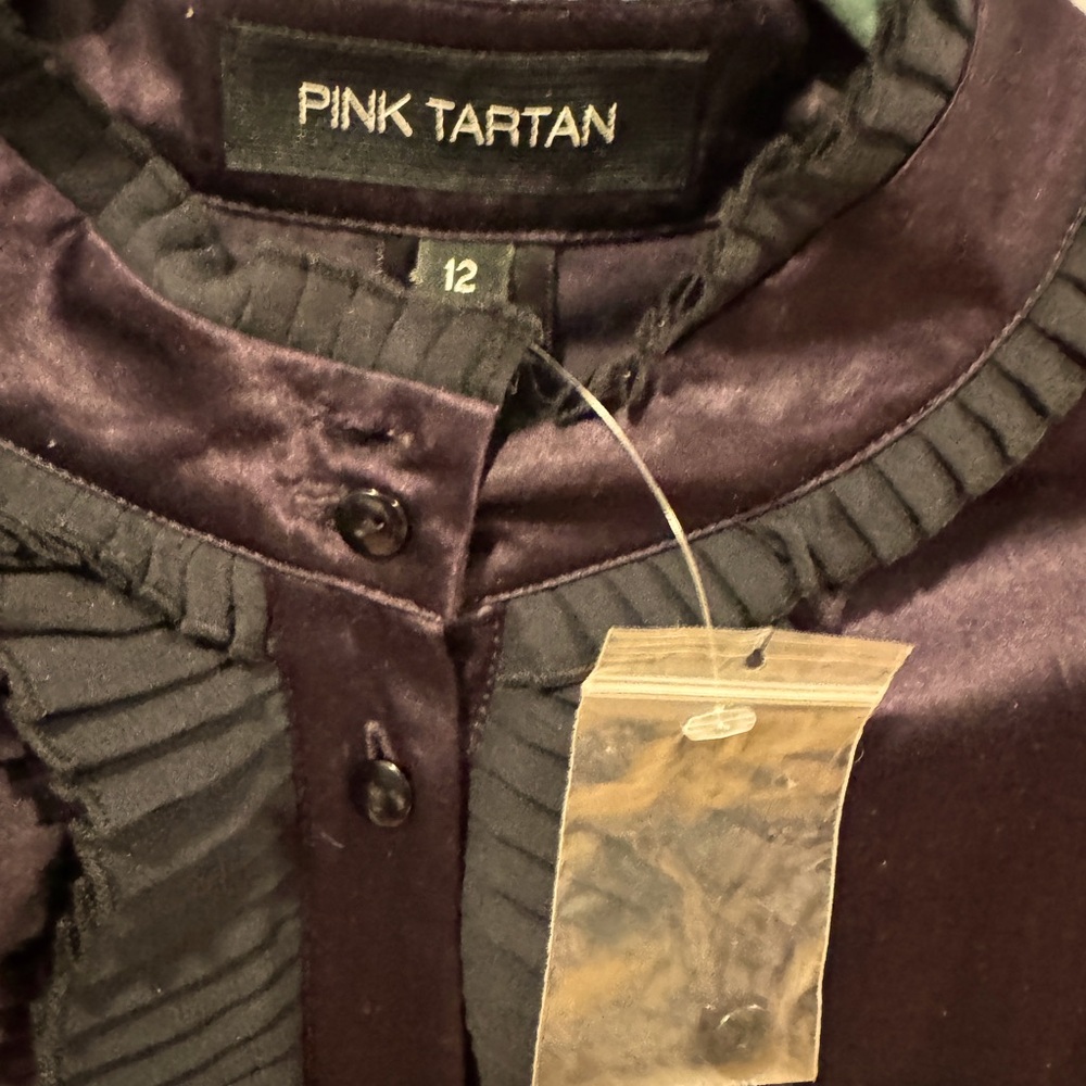 Pink Tartan Blouse. Deep grape/purple with sheer black ruffles Size 12 - Picture 3 of 9